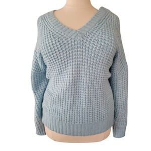American Eagle V-Neck Sweater Womens XL Light Blue Excellent Chunky Waffle Knit